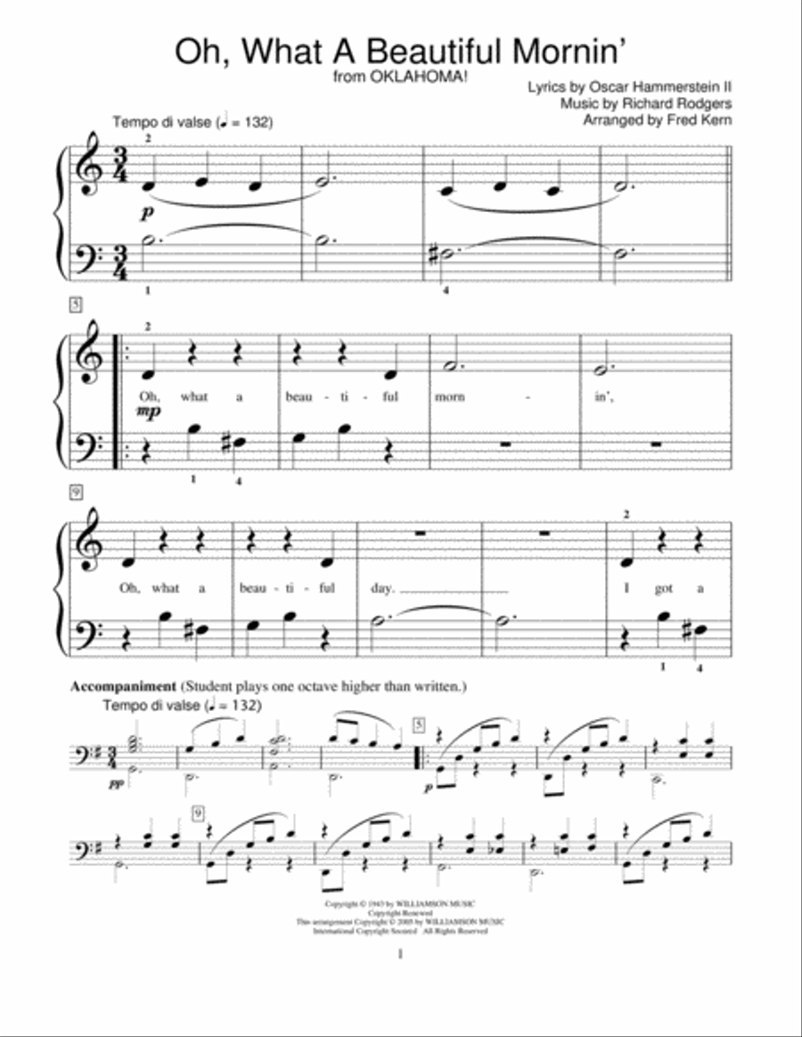 Oh, What A Beautiful Mornin' (from Oklahoma!) Piano Method scores gallery preview page 1