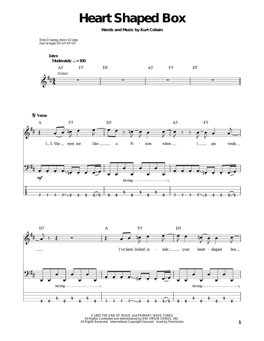Heart Shaped Box Bass Guitar Tablature scores gallery preview page 1