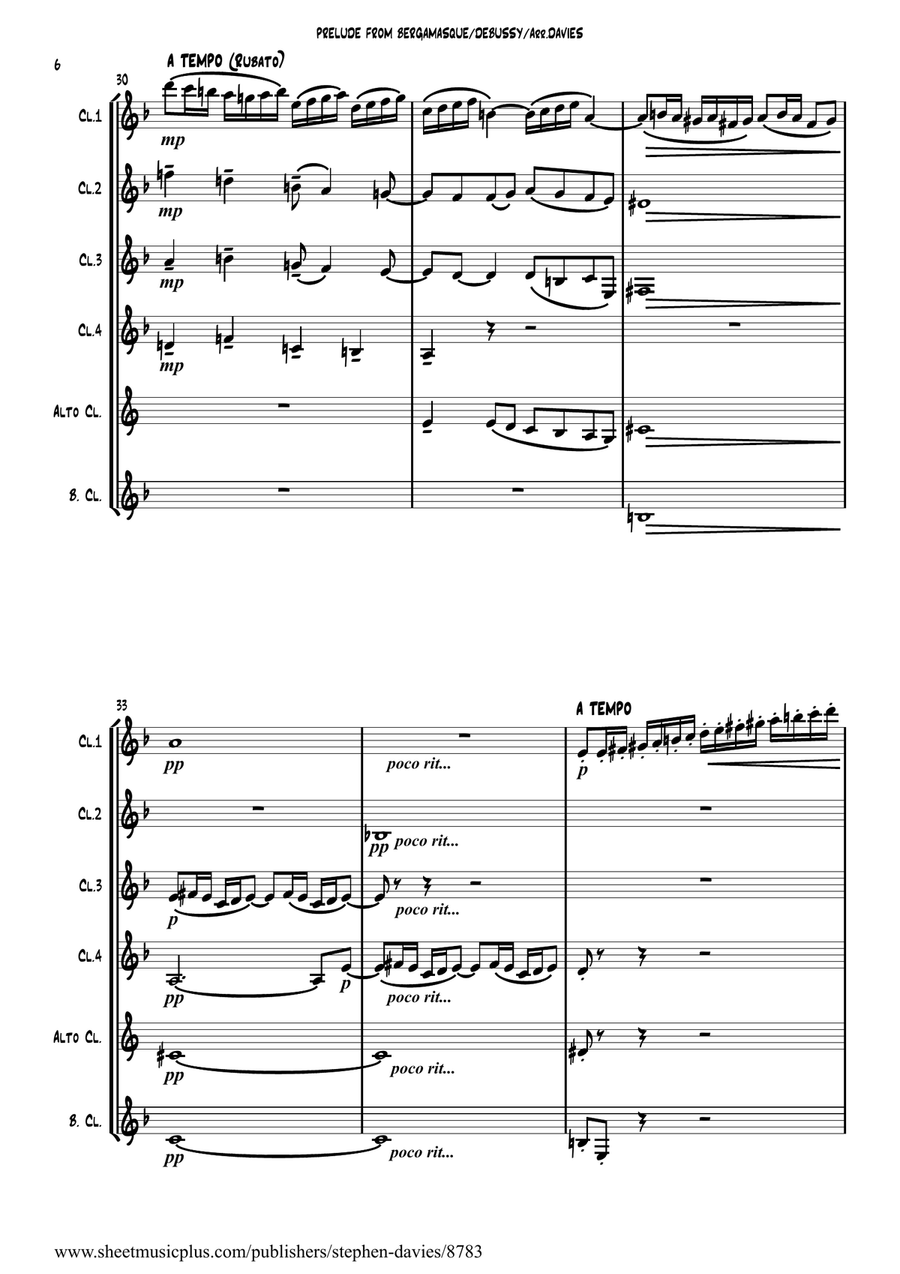 'Prelude From Suite Bergamasque' by Claude Debussy arranged for Clarinet Sextet. 'Prelude From Suite Bergamasque' by Claude Debussy arranged for Clarinet Sextet. Small Ensemble scores gallery preview page 6
