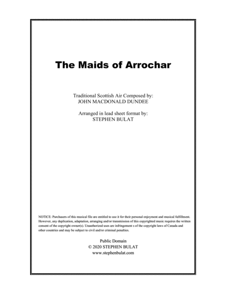 The Maids of Arrochar (Scottish Traditional) - Lead sheet in original key of D