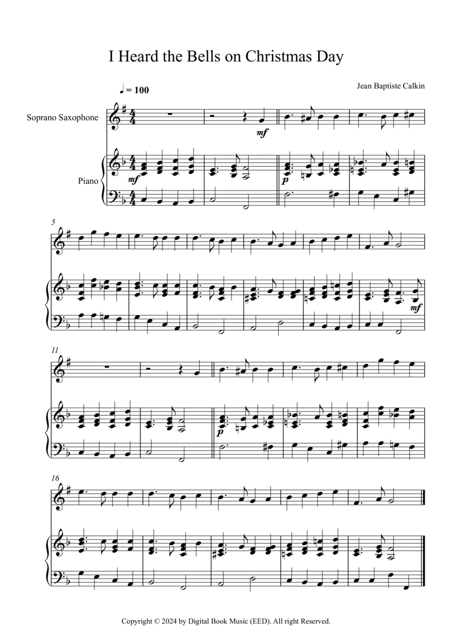 I Heard the Bells on Christmas Day, Jean Baptiste Calkin (Soprano Sax + Piano) Soprano Saxophone scores gallery preview page 1