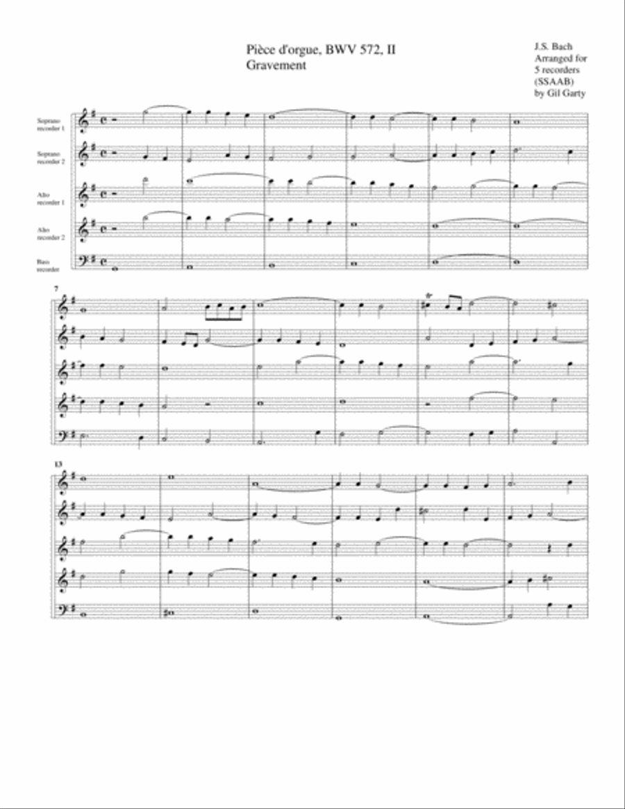 Gravement from Piece d'orgue (Fantasia), BWV 572/II (arrangement for 5 recorders) Recorder scores gallery preview page 1