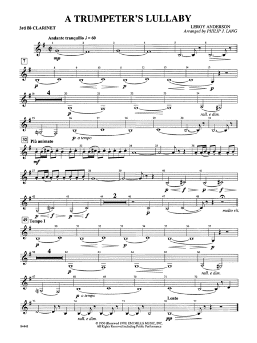 Trumpeter's Lullaby (with Trumpet Solo): 3rd B-flat Clarinet Concert Band scores gallery preview page 1