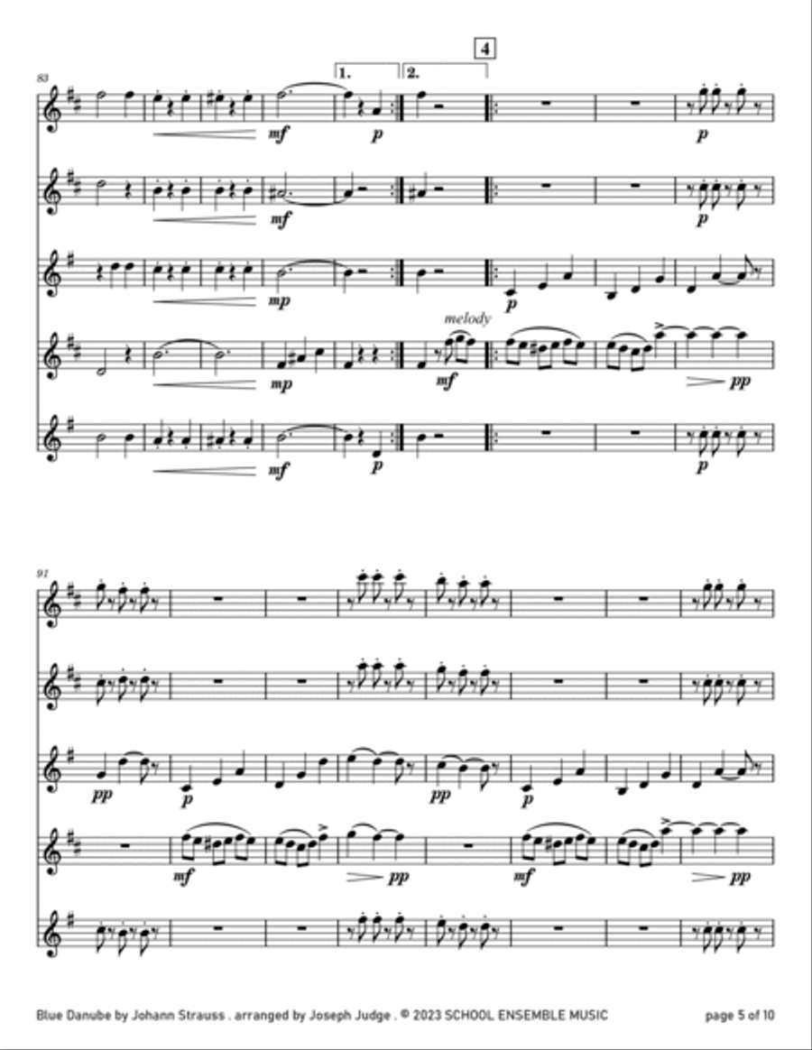 Blue Danube by Strauss for Saxophone Quartet in Schools Saxophone Quartet scores gallery preview page 5