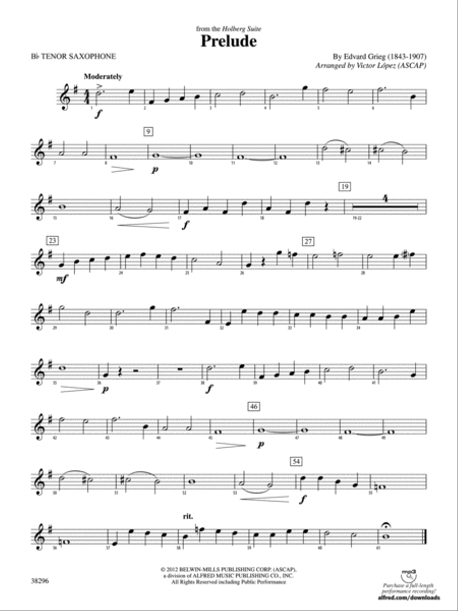 Prelude (from the Holberg Suite): B-flat Tenor Saxophone Concert Band scores gallery preview page 1