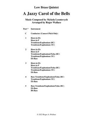 Book cover for Carol of the Bells (Jazz Waltz for Low Brass Quintet)