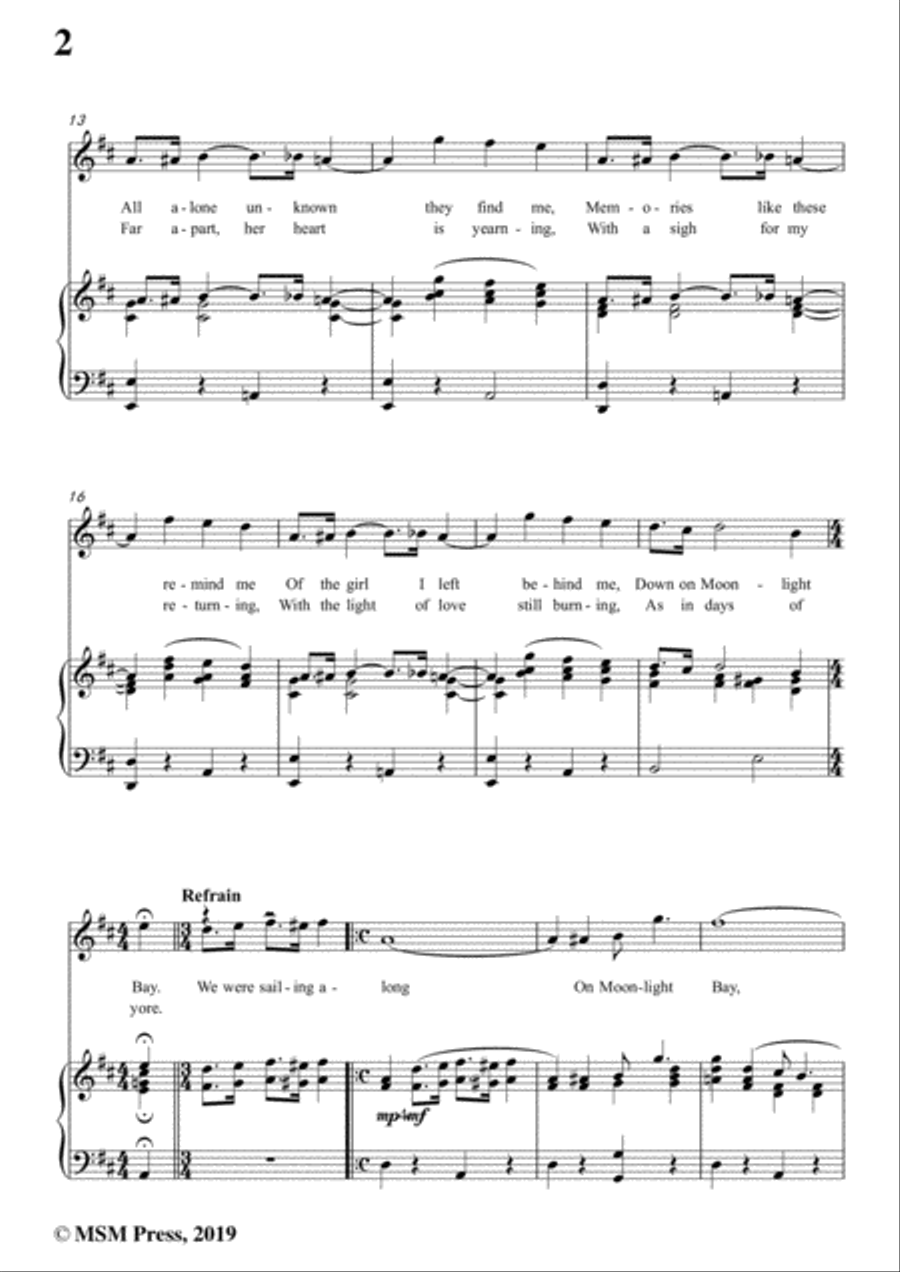 Percy Wenrich-Moonlight Bay,in D Major,for Voice and Piano Voice Solo scores gallery preview page 4