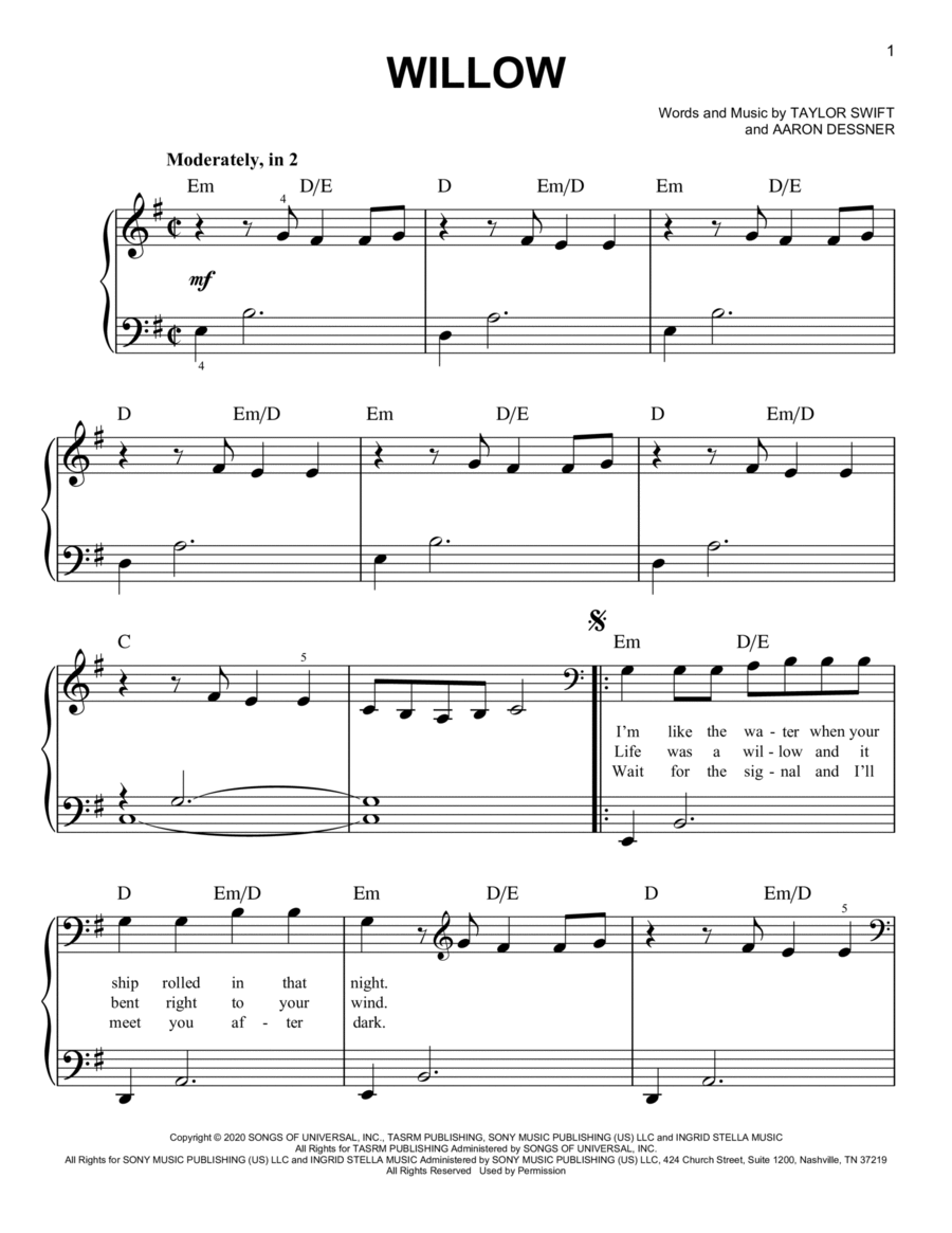 willow Easy Piano scores gallery preview page 1