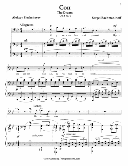 RACHMANINOFF: Сон, Op. 8 no. 5 ("The Dream," transposed to B-flat major, bass clef)