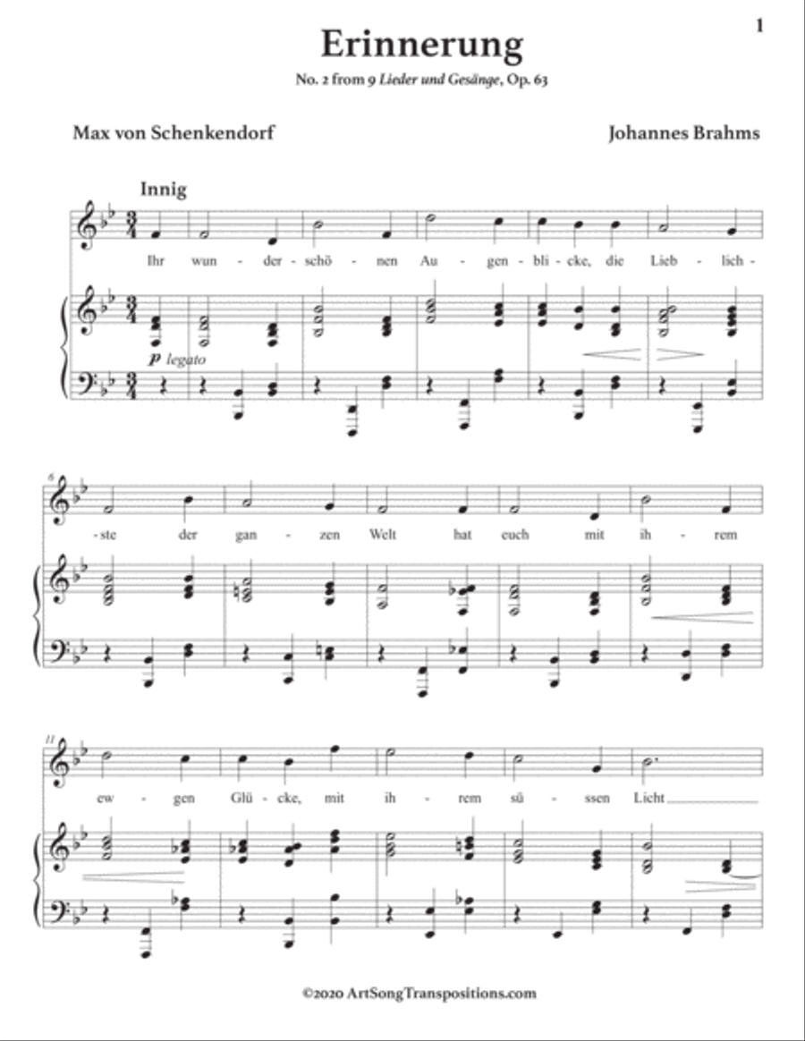 BRAHMS: Erinnerung, Op. 63 no. 2 (transposed to B-flat major) Voice scores gallery preview page 2