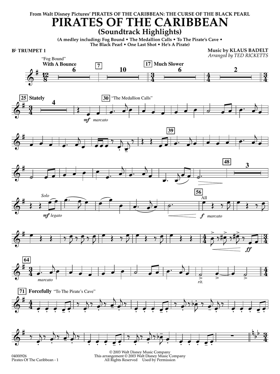 Pirates of the Caribbean (Soundtrack Highlights) (arr. Ted Ricketts) - Bb Trumpet 1 Concert Band scores gallery preview page 1