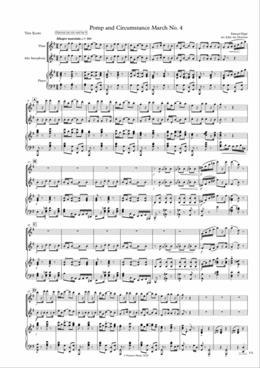 Elgar: Pomp and Circumstance March No. 4 for Trio (Fl, Alto Sax, Piano) Woodwind Duet scores gallery preview page 1