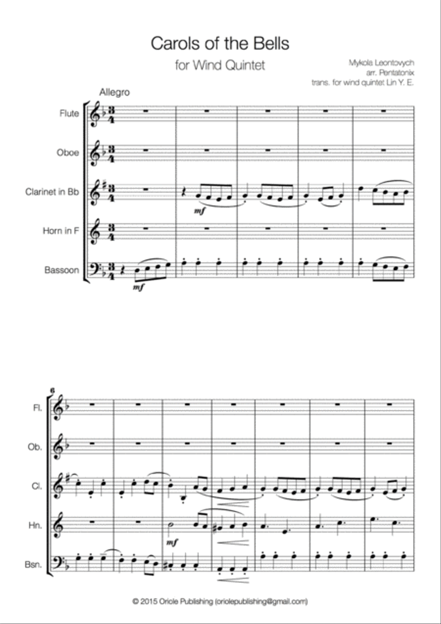 Leontovych - Carols of the Bells for Wind Quintet Woodwind Quintet scores gallery preview page 2