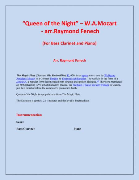 Queen of the Night - From the Magic Flute - Bass Clarinet and Piano image number null