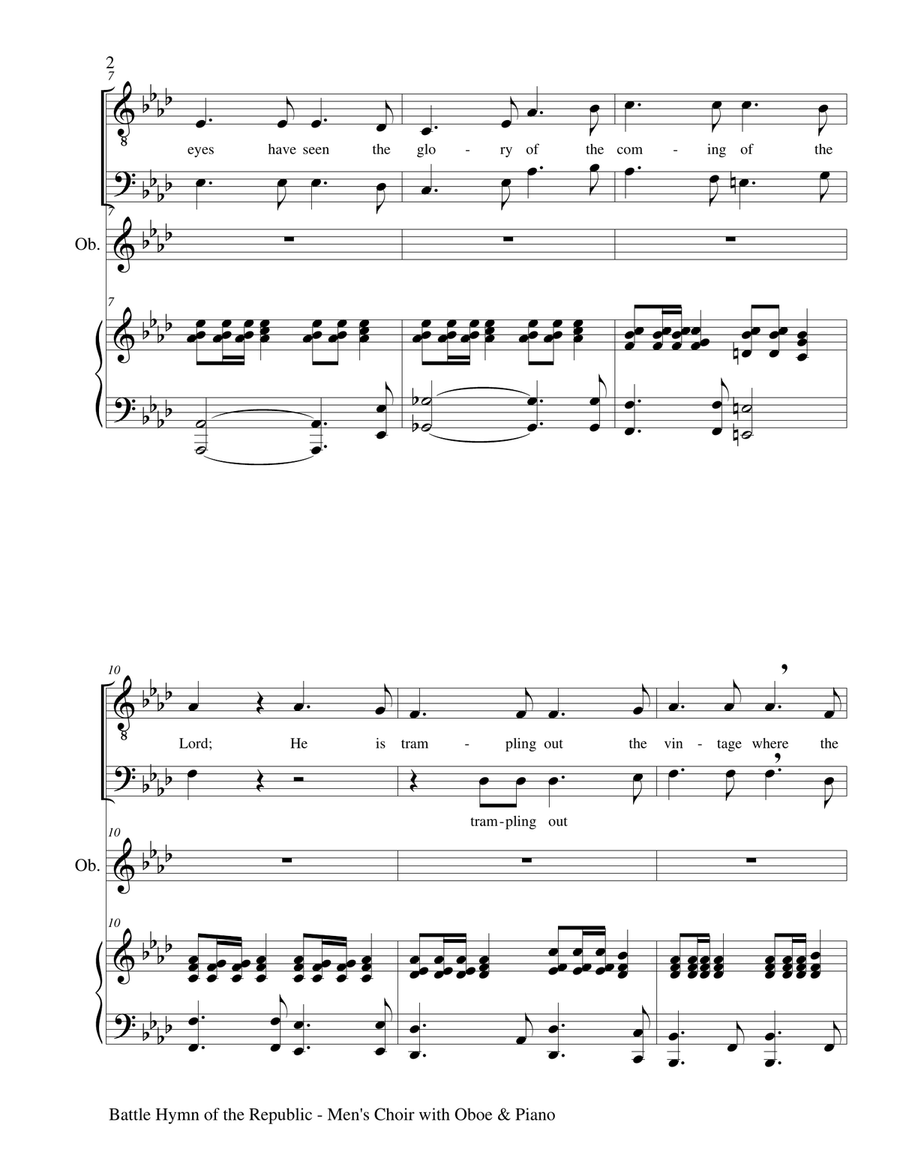 BATTLE HYMN OF THE REPUBLIC (for 2 Part Men's Choir with Oboe and Piano) TB scores gallery preview page 3