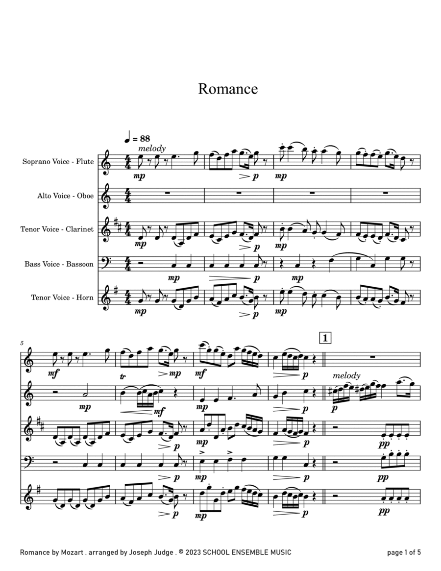 Romance by Mozart for Woodwind Quartet in Schools Woodwind Quartet scores gallery preview page 1