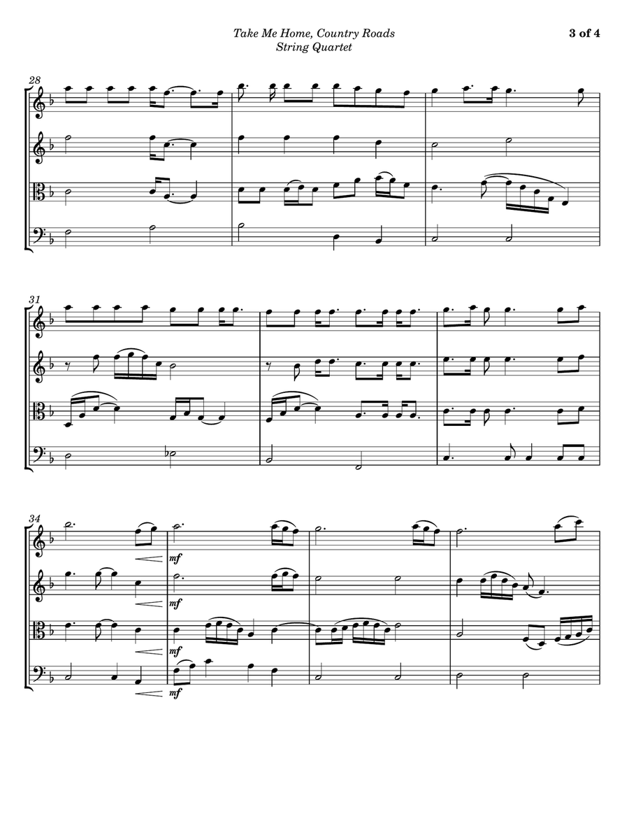 Take Me Home, Country Roads String Quartet scores gallery preview page 3