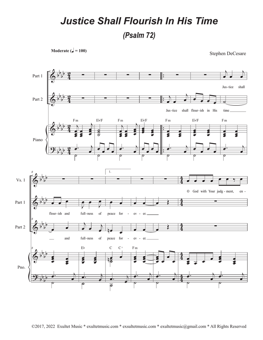 Justice Shall Flourish In His Time (Psalm 72) (2-part choir) 2-Part scores gallery preview page 1