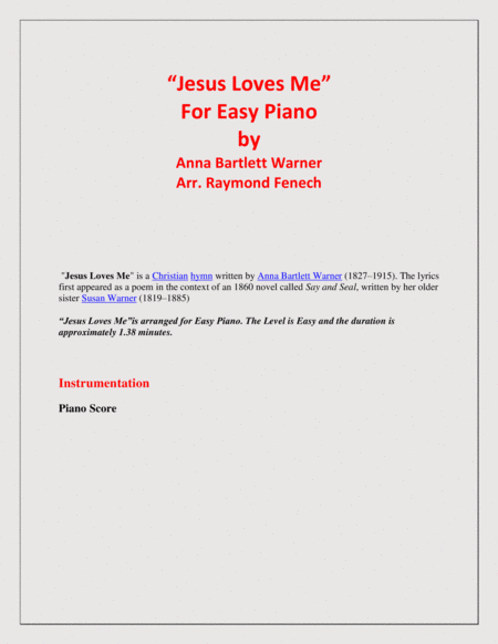 Jesus Loves Me - Easy Piano/ Early Intermediate image number null
