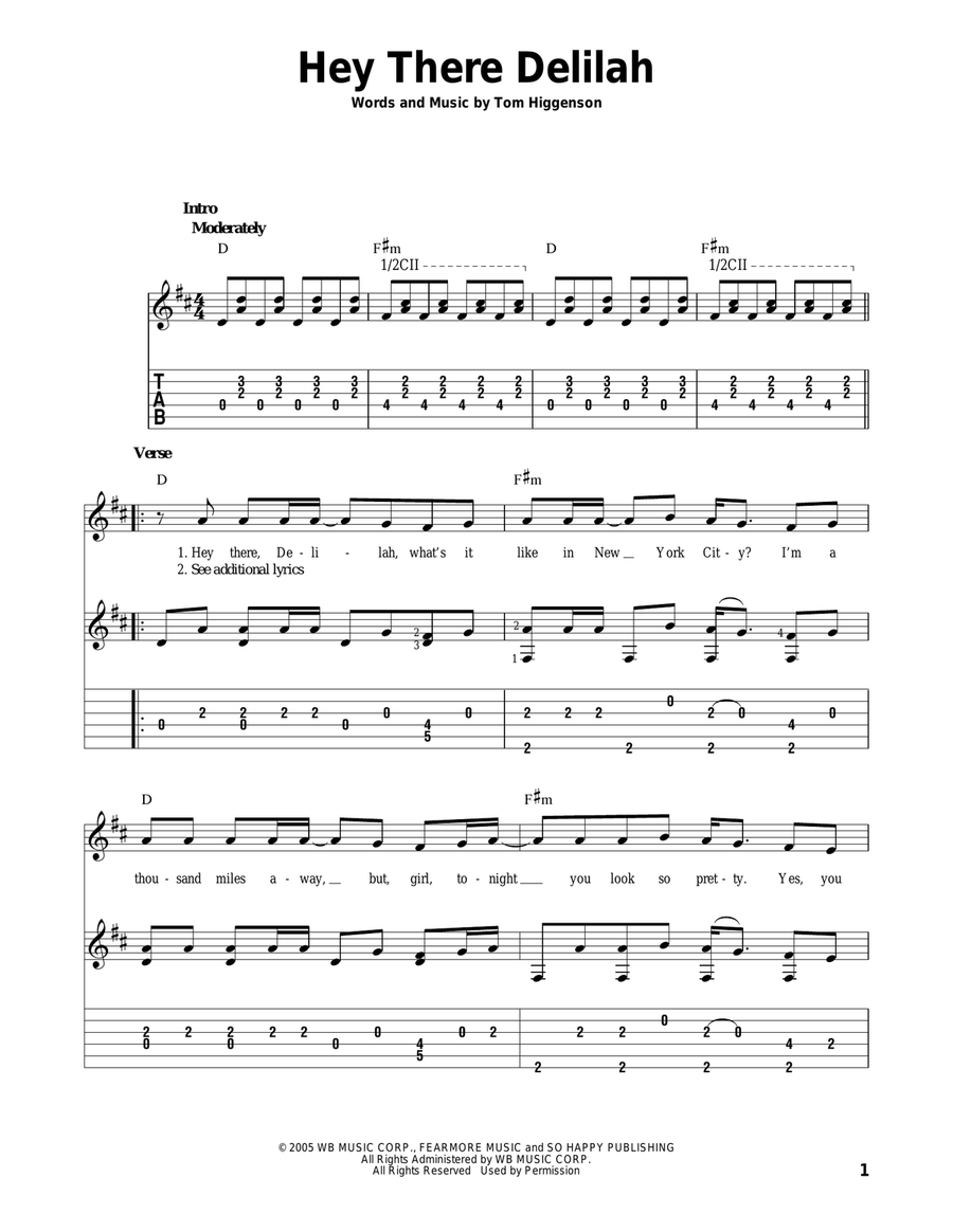 Hey There Delilah Acoustic Guitar scores gallery preview page 1