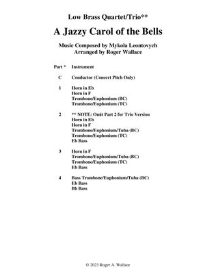 Book cover for Carol of the Bells (Jazz Waltz for Low Brass Quartet)