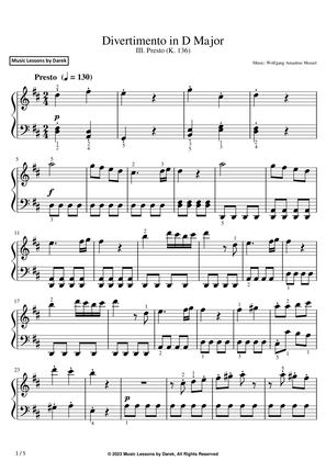 Divertimento in D Major (EASY PIANO) III. Presto (K. 136) [Wolfgang Amadeus Mozart]