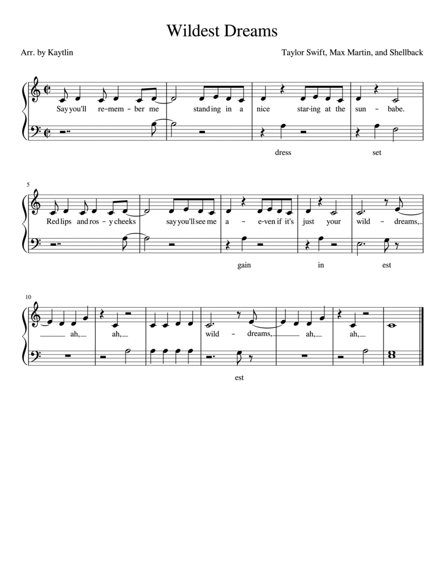 Wildest Dreams Easy Piano scores gallery preview page 1