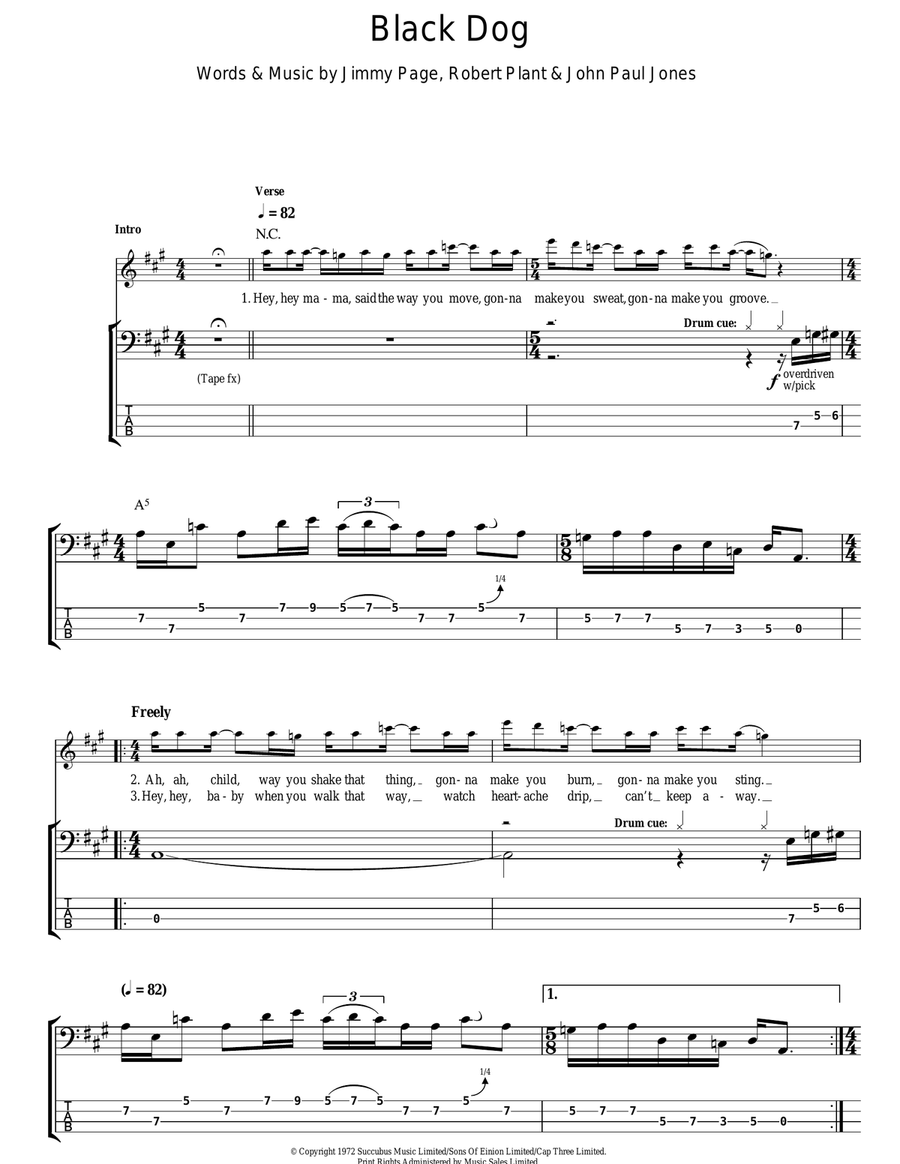 Black Dog Black Dog Bass Guitar Tablature scores gallery preview page 1