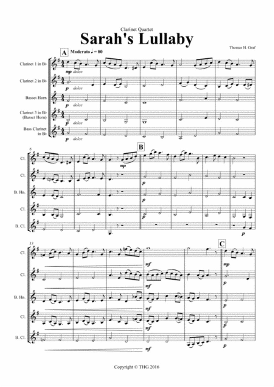 Sarah's Lullaby - Grade 2 - Clarinet Quartet Clarinet Quartet scores gallery preview page 1
