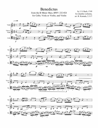 Benedictus from the B Minor Mass (BWV, 232 #24), J.S. Bach, arranged for Cello, Viola or Violin, and
