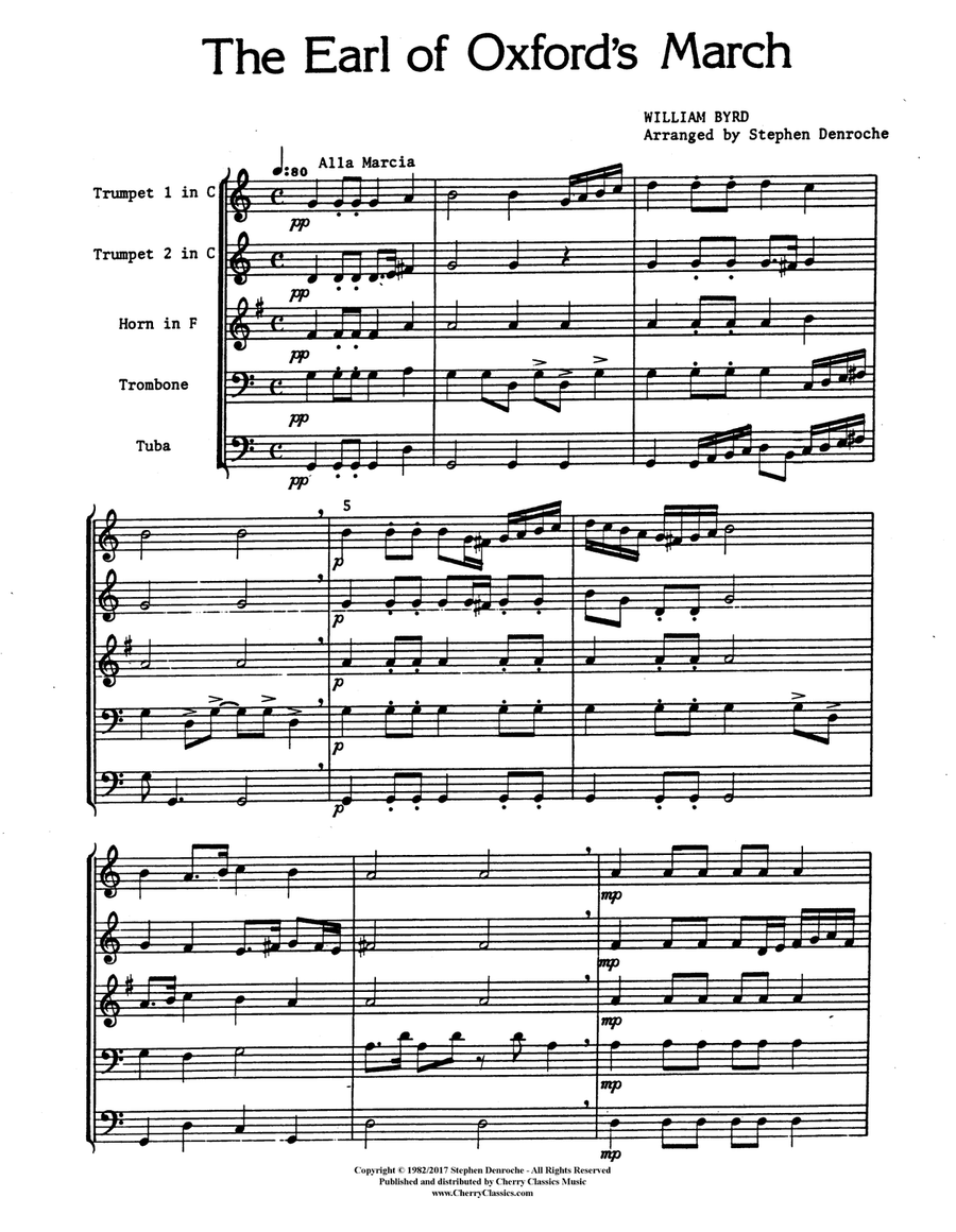Earl of Oxford's March for Brass Quintet Brass Quintet scores gallery preview page 1