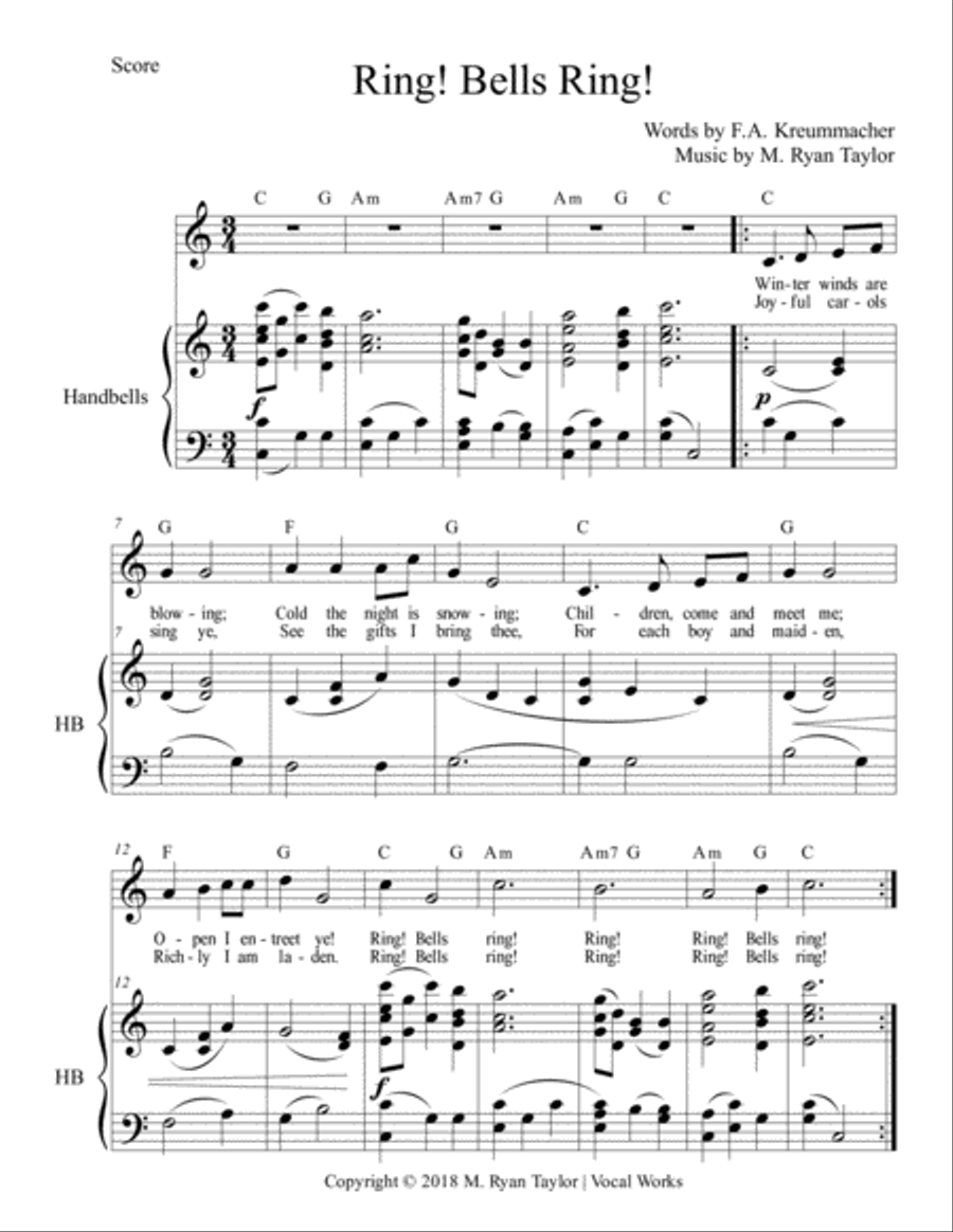 Ring! Bells Ring! (a song of Old Father Christmas) for SA or 2-part Choir and 3-octave Handbells SA scores gallery preview page 1