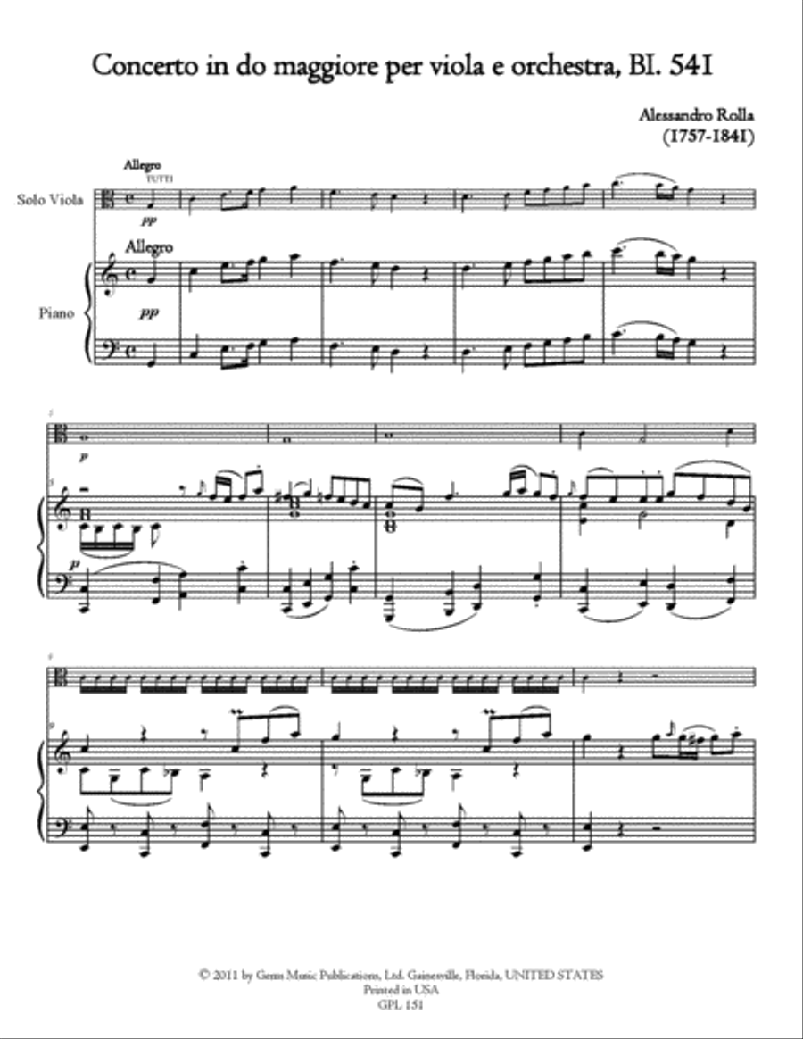 Concerto in do maggiore, BI. 541 Viola e Orchestra Piano Accompaniment scores gallery preview page 2