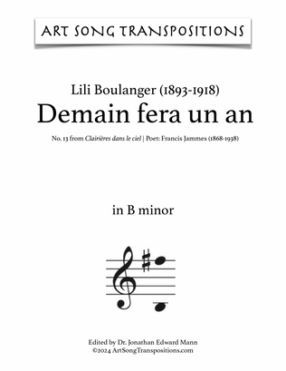 Book cover for BOULANGER: Demain fera un an (transposed to B minor)