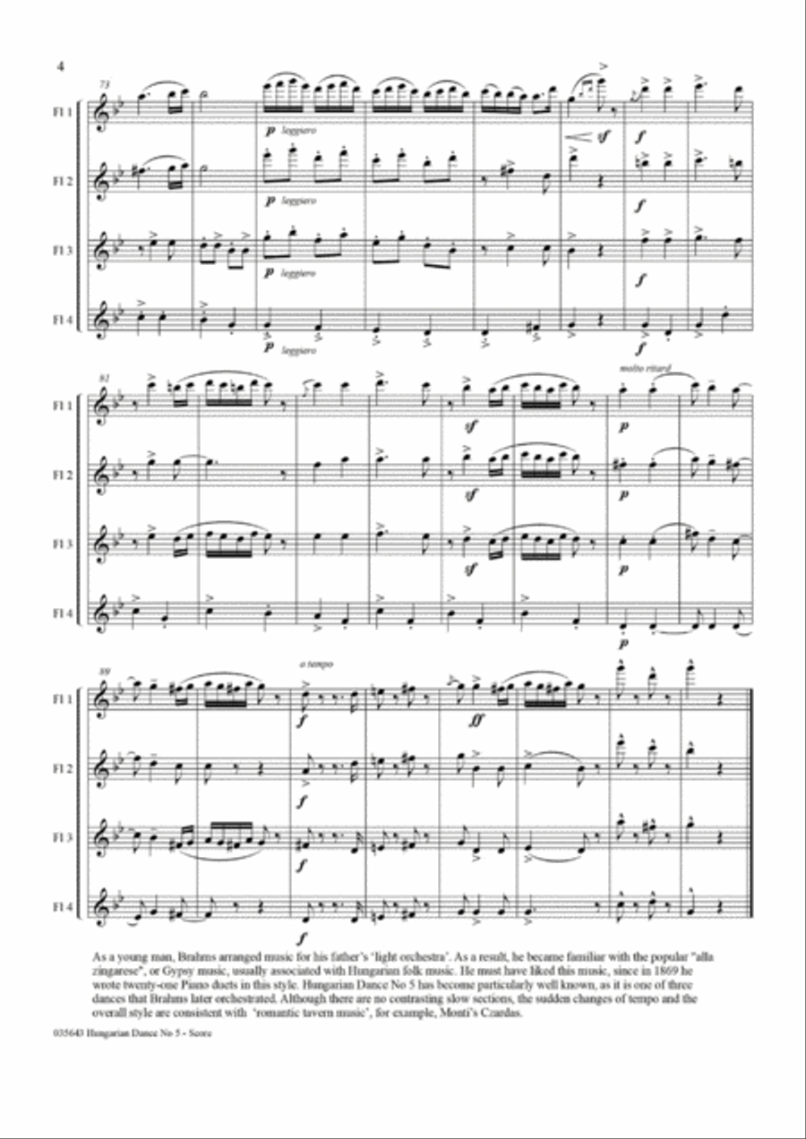 HUNGARIAN DANCE NO 5 - FLUTE QUARTET HUNGARIAN DANCE NO 5 - FLUTE QUARTET Flute Quartet scores gallery preview page 5