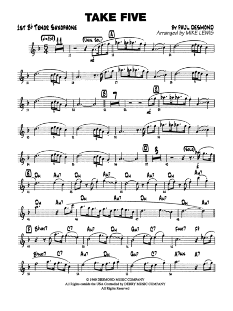 Take Five: B-flat Tenor Saxophone Jazz Ensemble scores gallery preview page 1