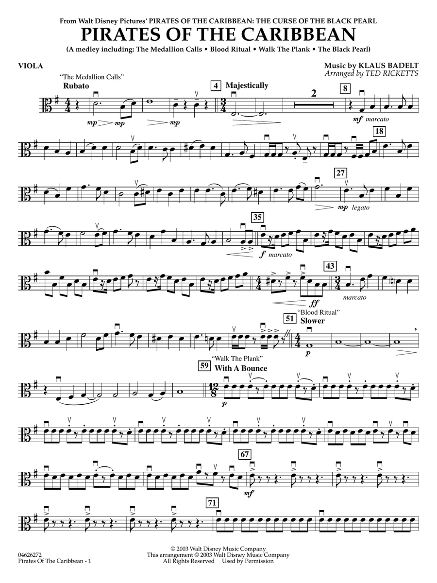 Pirates of the Caribbean (Medley) (arr. Ted Ricketts) - Viola