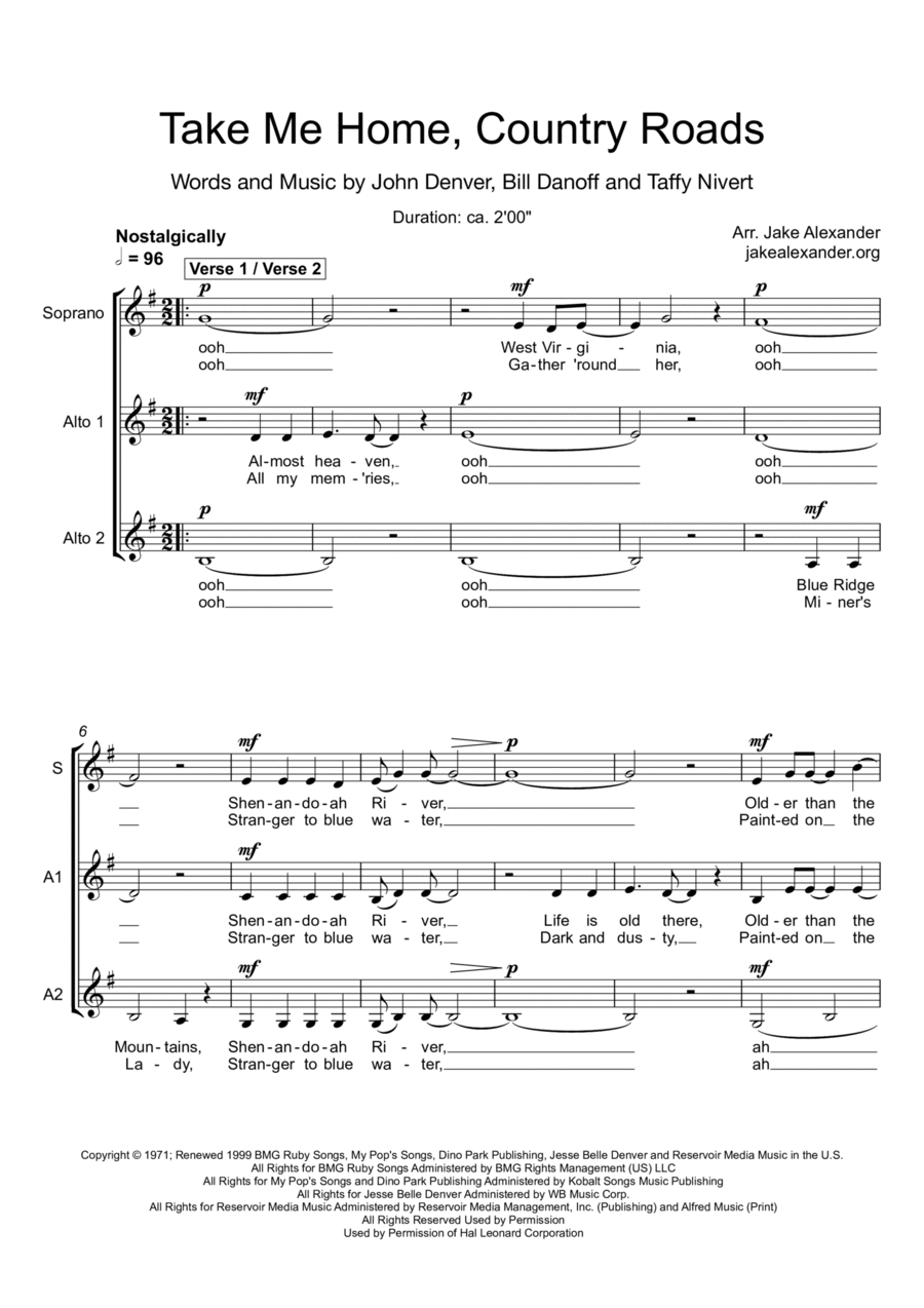 Take Me Home, Country Roads A Cappella scores gallery preview page 1