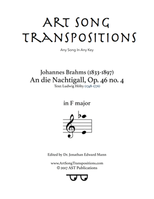 Book cover for BRAHMS: An die Nachtigall, Op. 46 no. 4 (transposed to F major)