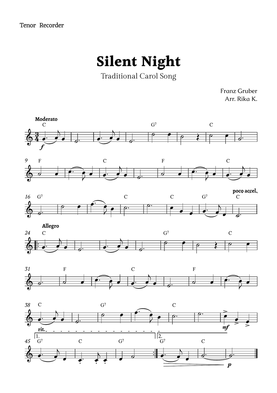Silent Night for Tenor Recorder Solo Tenor Recorder scores gallery preview page 1