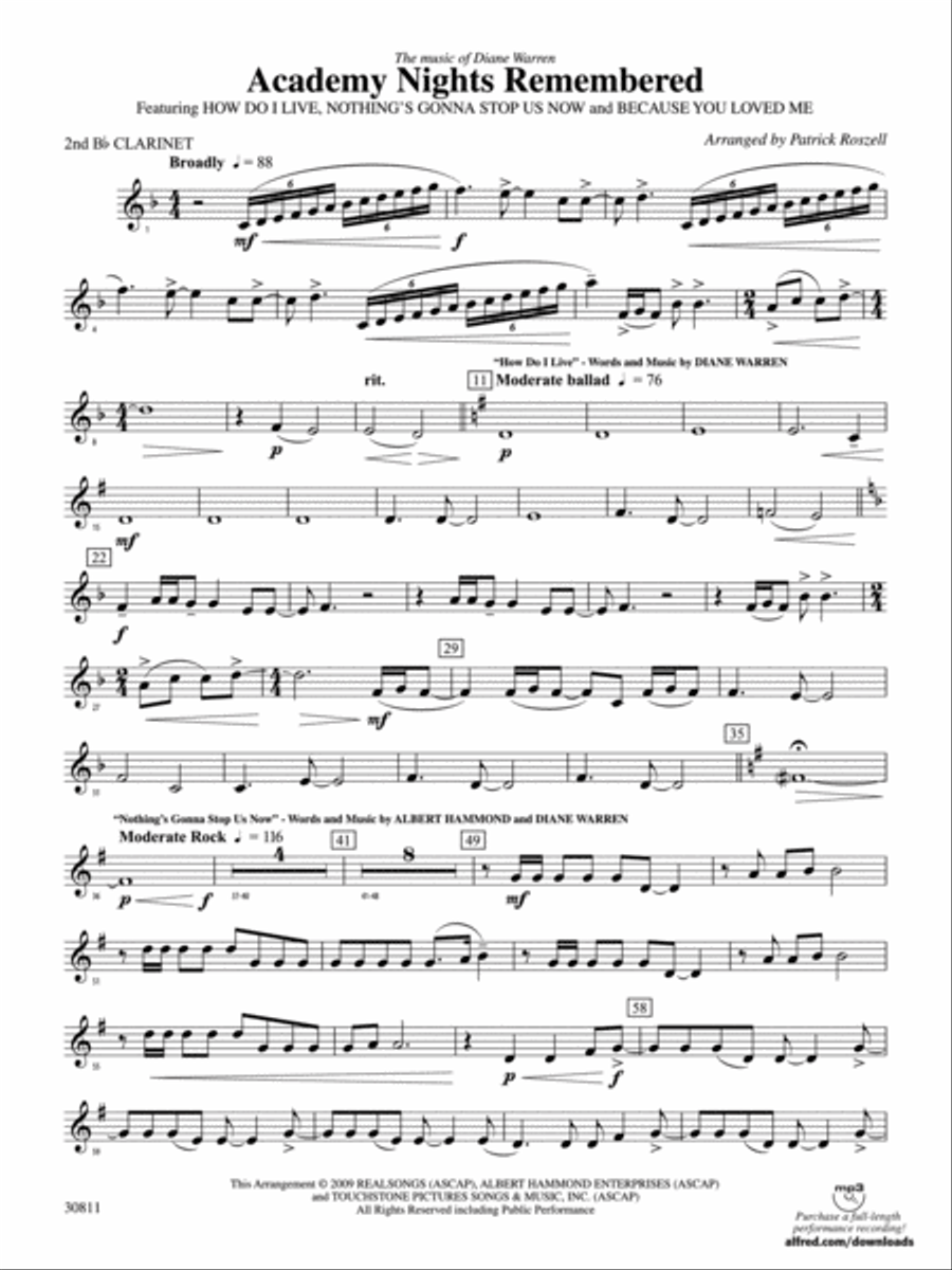 Academy Nights Remembered (The Music of Diane Warren): 2nd B-flat Clarinet Concert Band scores gallery preview page 1