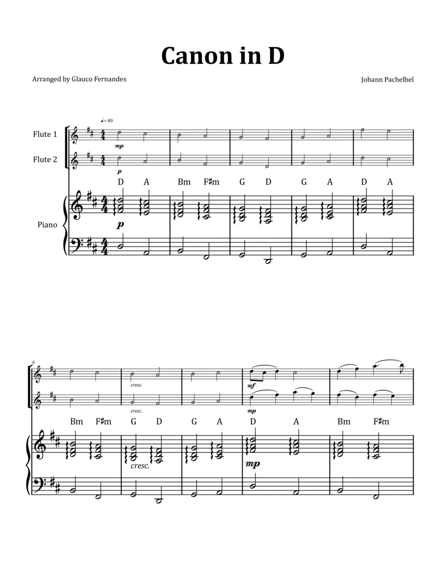 Canon by Pachelbel - Flute Duet with Piano and Chord Notation image number null
