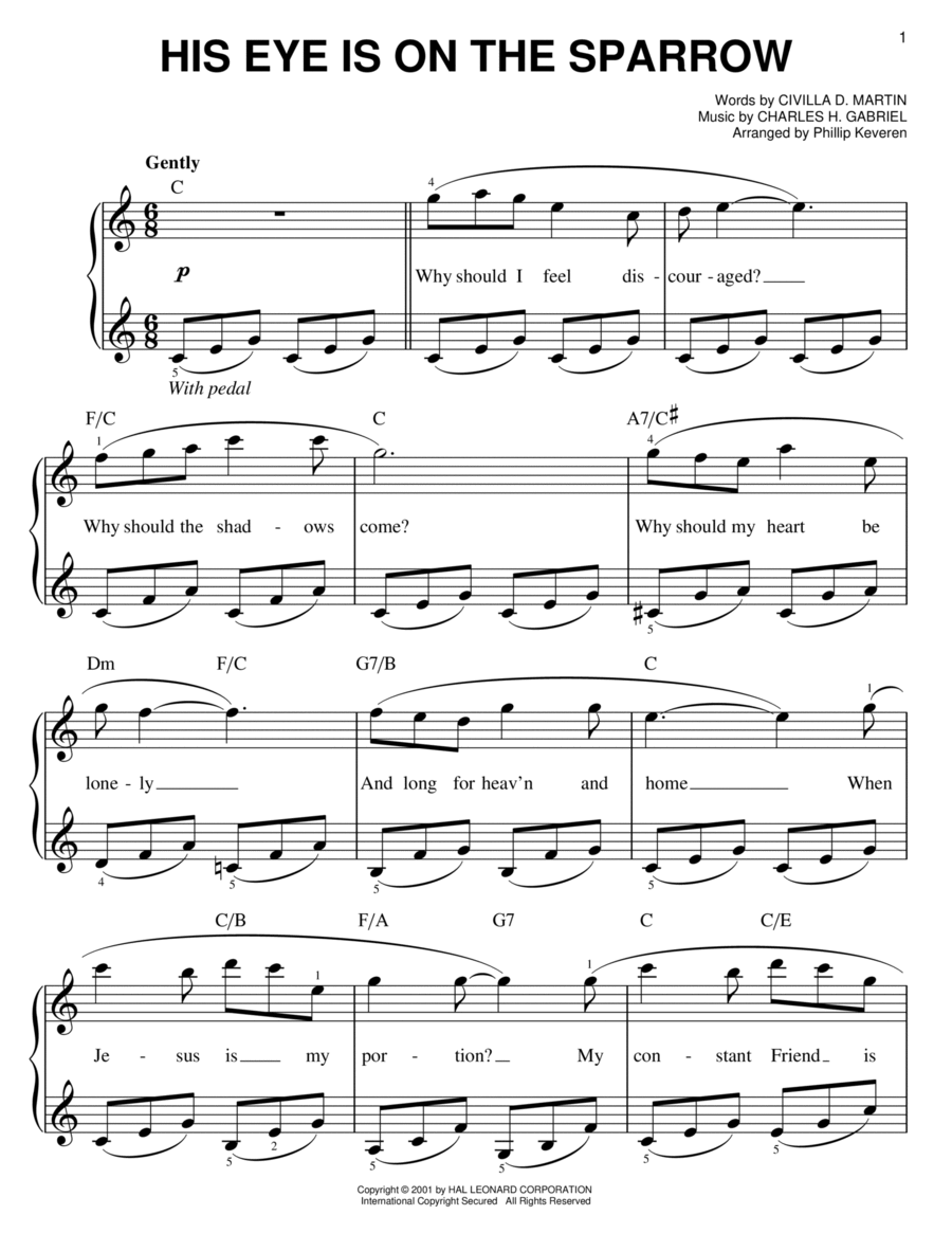 His Eye Is On The Sparrow (arr. Phillip Keveren) Easy Piano scores gallery preview page 1