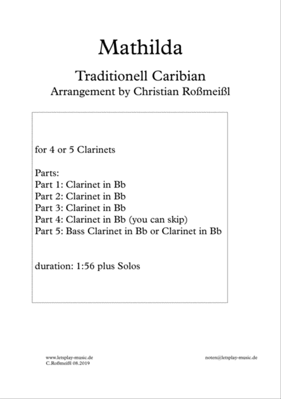Matilda with 4 or 5 Clarinets Quartet, Quintet Clarinet Quartet scores gallery preview page 1