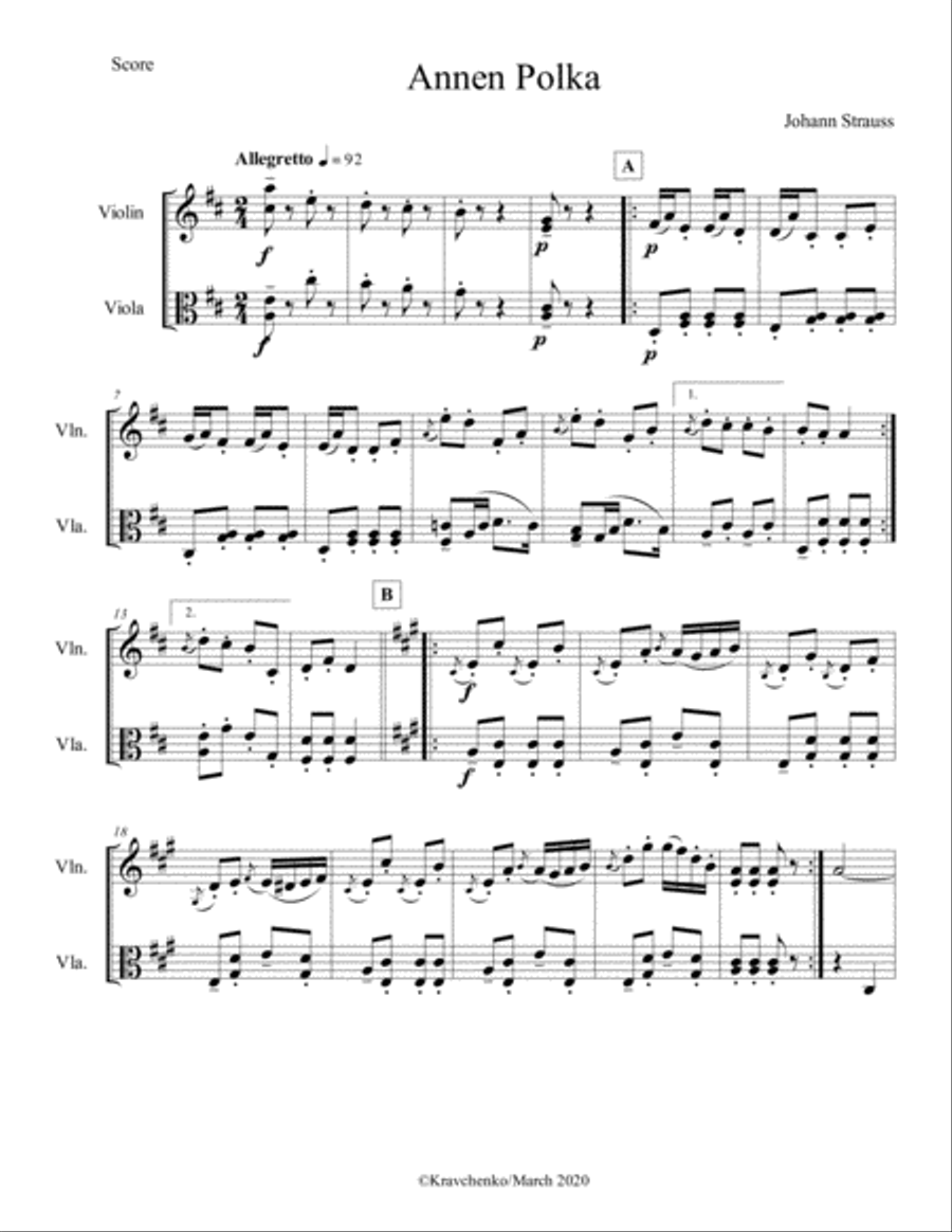 Johann Strauss II - Annen-Polka Op.117, for string duo String Duet scores gallery preview page 1