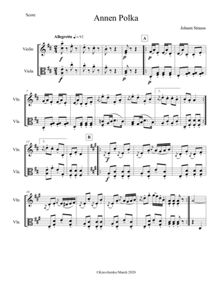 Johann Strauss II - Annen-Polka Op.117, for string duo
