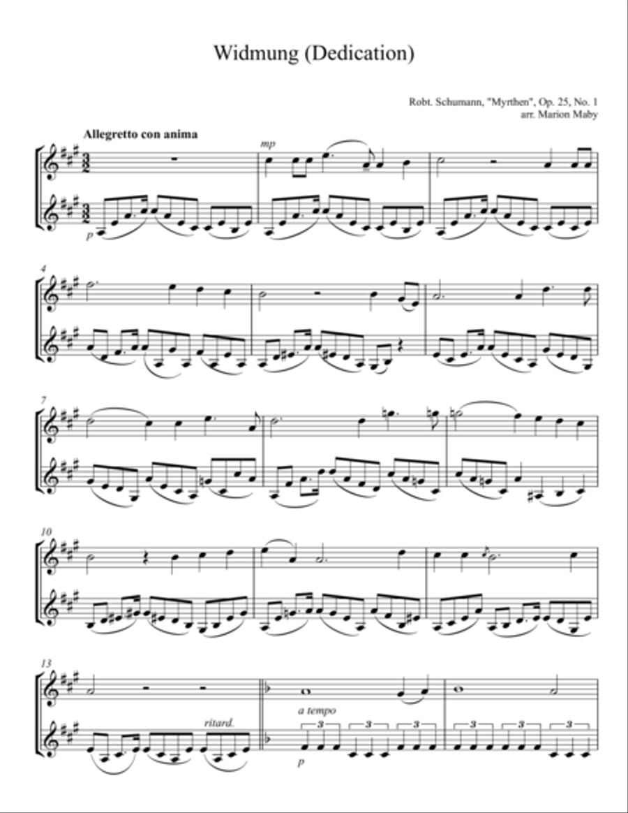 Widmung (Dedication) arr. for violin duet String Duet scores gallery preview page 1