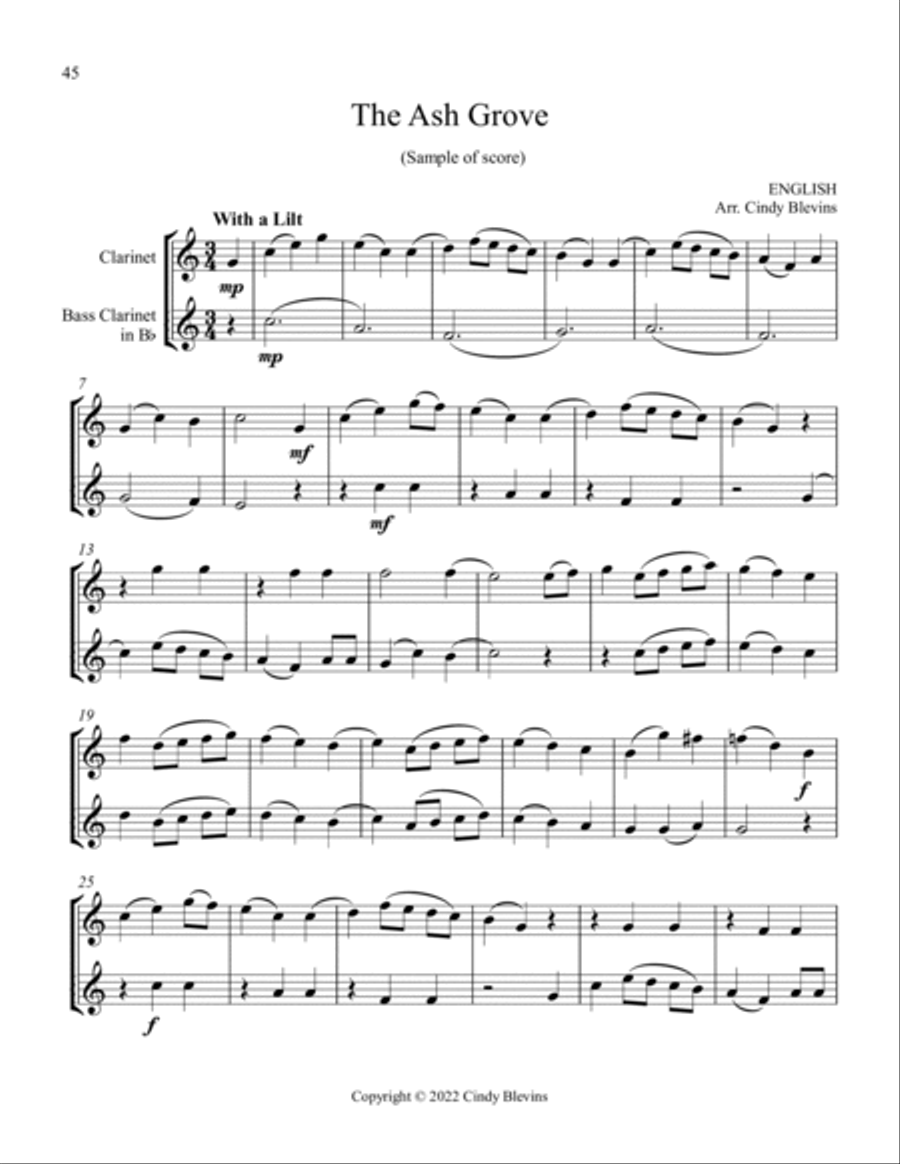 12 Favorite Folk Songs, Bb Clarinet and Bb Bass Clarinet Duets Clarinet Duet scores gallery preview page 5