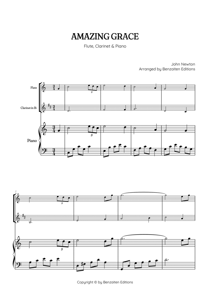 Amazing Grace • easy flute and clarinet sheet music with piano accompaniment image number null