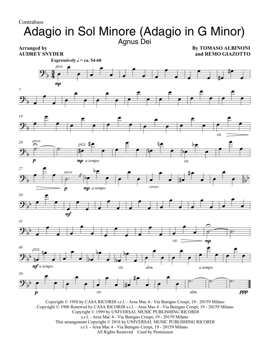 Adagio In Sol Minore (Adagio in G Minor) (arr. Audrey Snyder) - Double Bass Choir scores gallery preview page 1